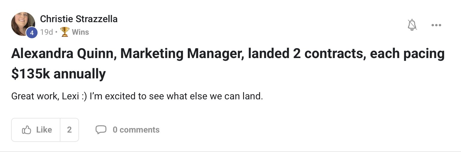 A win post: Alexandra, Marketing Manager, landed contracts pacing $135k annually.