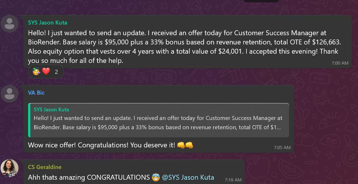 Jason's message: offer for Customer Success Manager, total OTE $126,663, accepted.