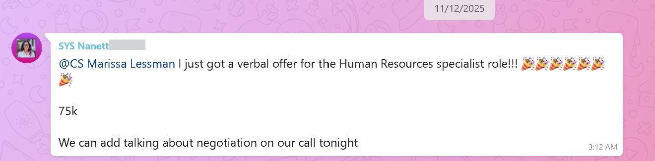 Nanette's message: verbal offer for the Human Resources specialist role, 75k.
